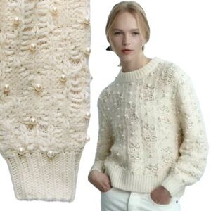 Zara Cream Ecru Knit Woven Crochet Pearl Bead Embellished Oversized Sweater
